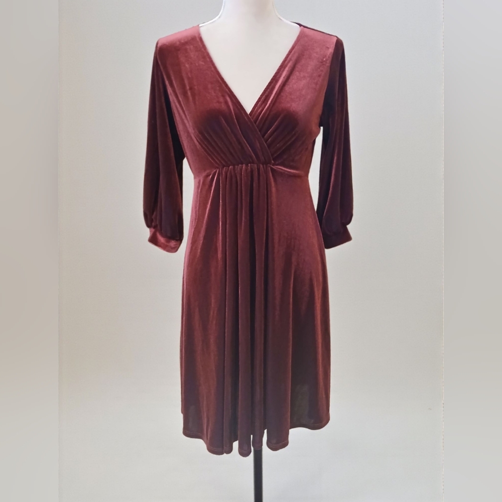 Hello Mia Red Velvet Midi Dress Womans Medium Fit Flare Babydoll Empire Waist